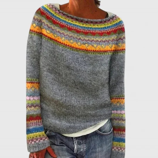 Fair Isle Pattern Knit Crew Neck Sweater