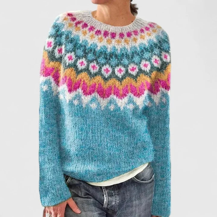 Fair Isle Pattern Knit Crew Neck Sweater