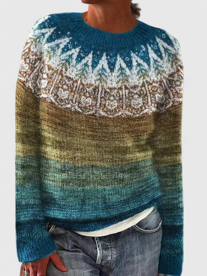 Fair Isle Pattern Knit Crew Neck Sweater