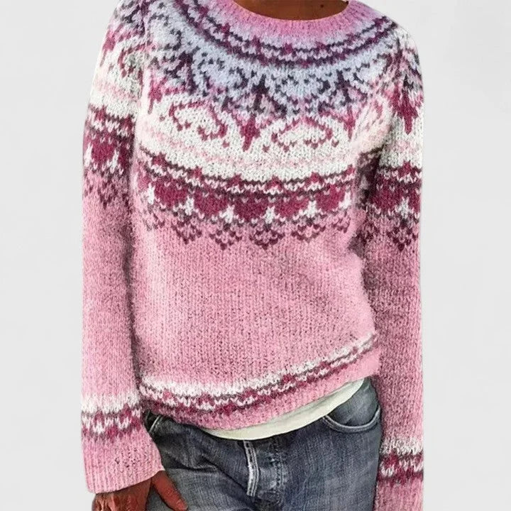 Fair Isle Pattern Knit Crew Neck Sweater