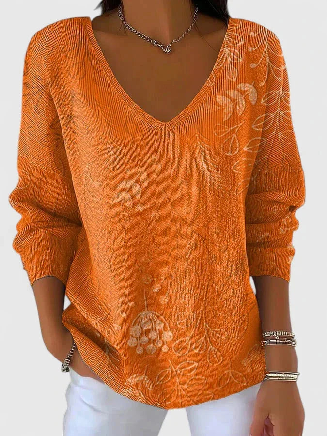 Women's Floral Ribbed V-Neck Sweater