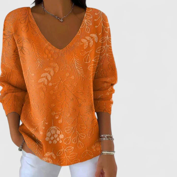 Women's Floral Ribbed V-Neck Sweater