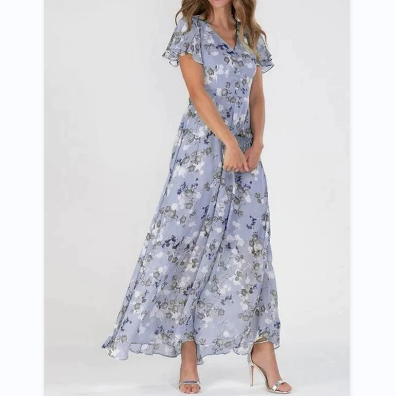 Maxi Dress with Butterfly Sleeves and Floral Motif