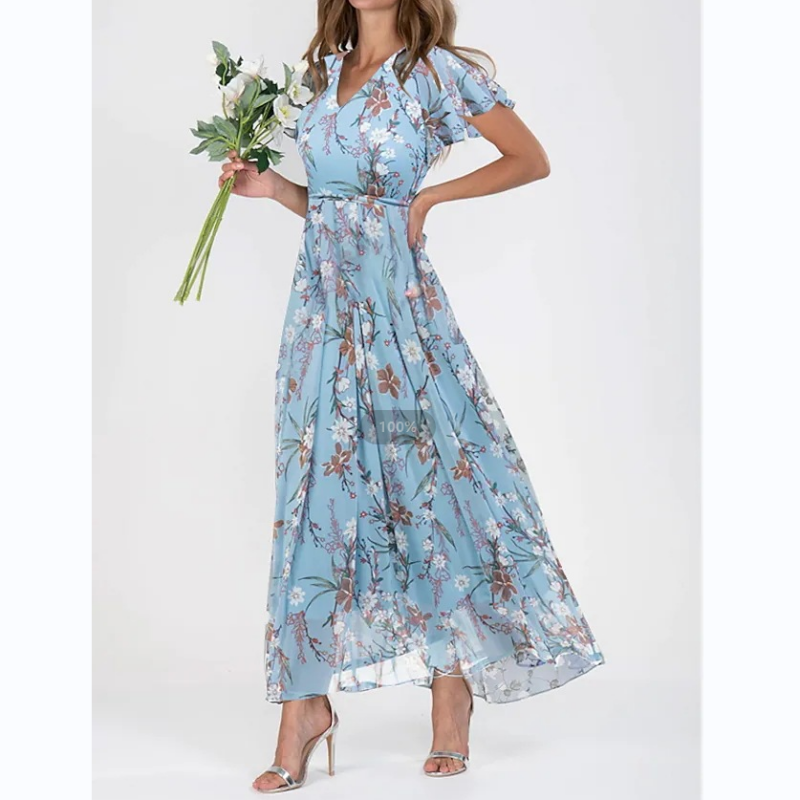 Maxi Dress with Butterfly Sleeves and Floral Motif
