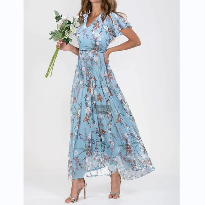 Maxi Dress with Butterfly Sleeves and Floral Motif