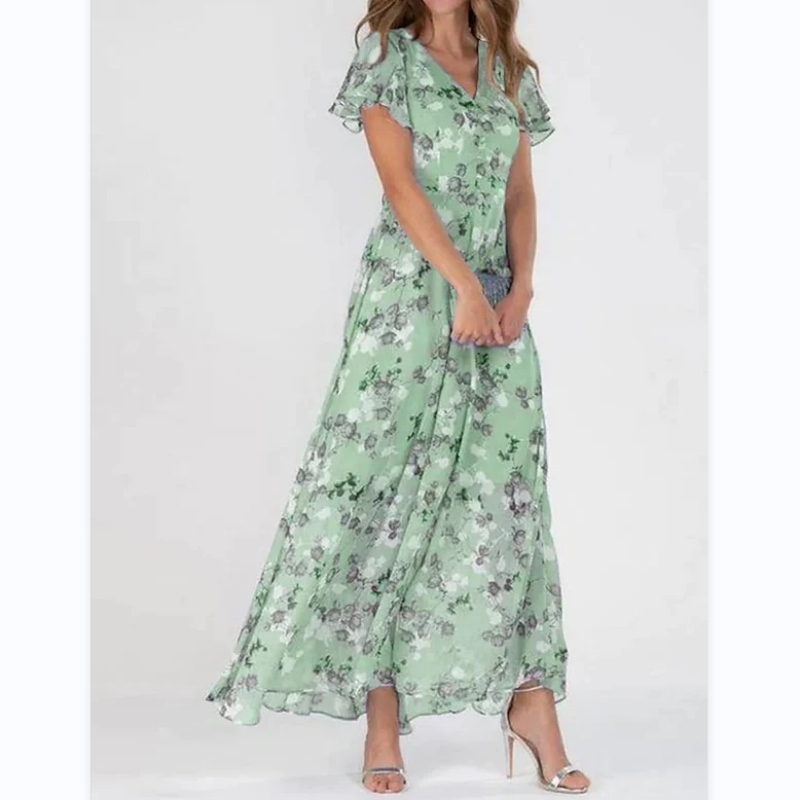 Maxi Dress with Butterfly Sleeves and Floral Motif
