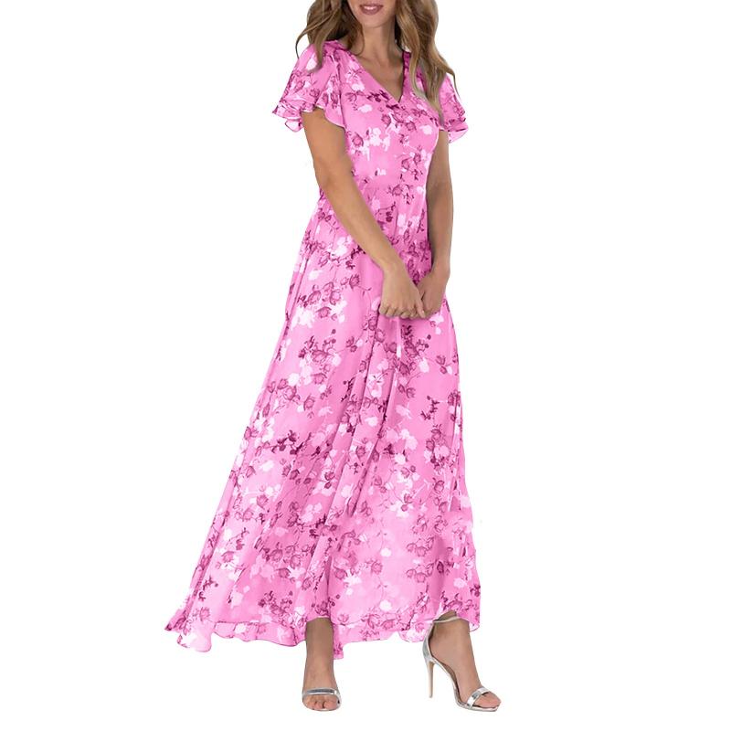 Maxi Dress with Butterfly Sleeves and Floral Motif
