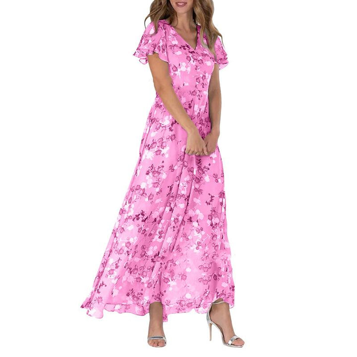 Maxi Dress with Butterfly Sleeves and Floral Motif