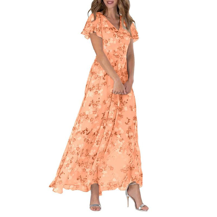 Maxi Dress with Butterfly Sleeves and Floral Motif