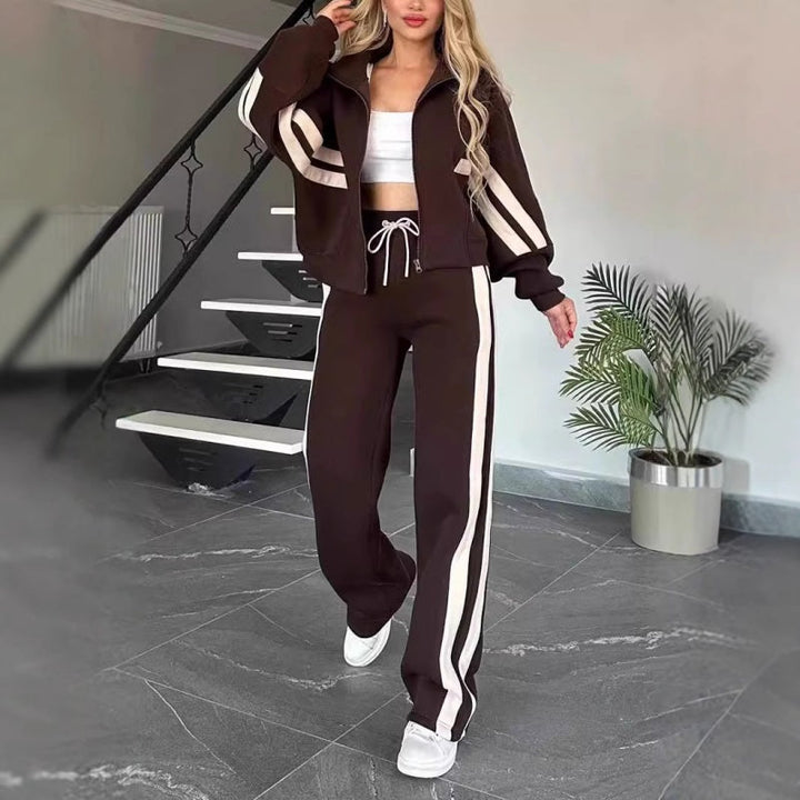 Women's leisure set with zip-up jacket and wide-leg pants with contrast stripes