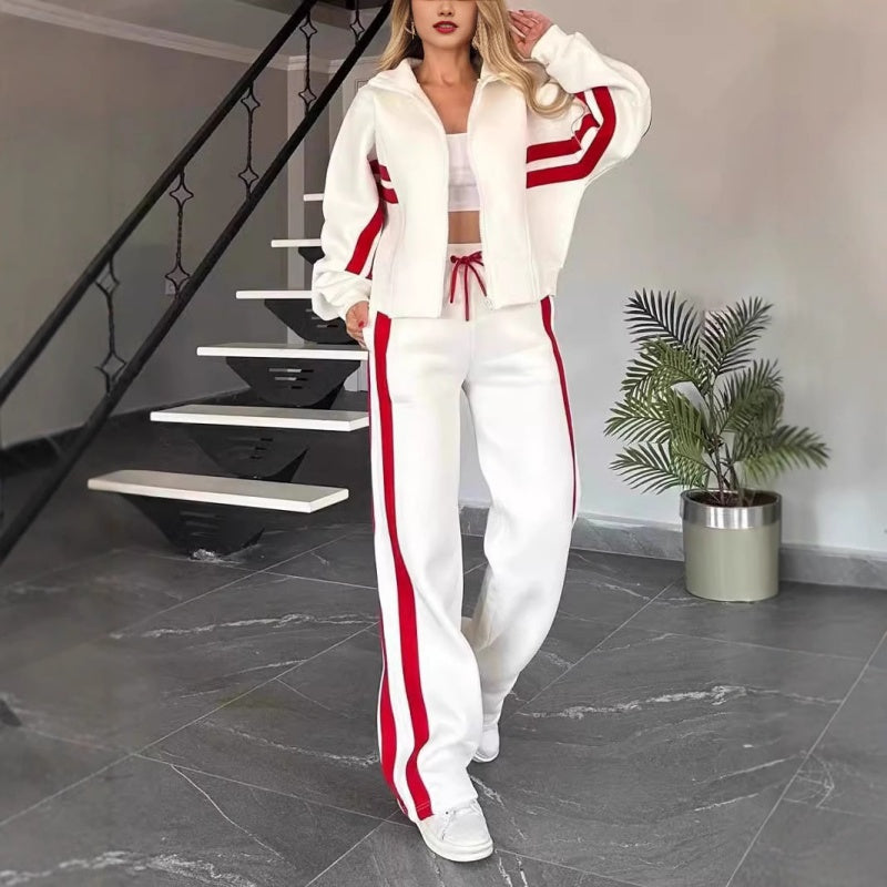 Women's leisure set with zip-up jacket and wide-leg pants with contrast stripes