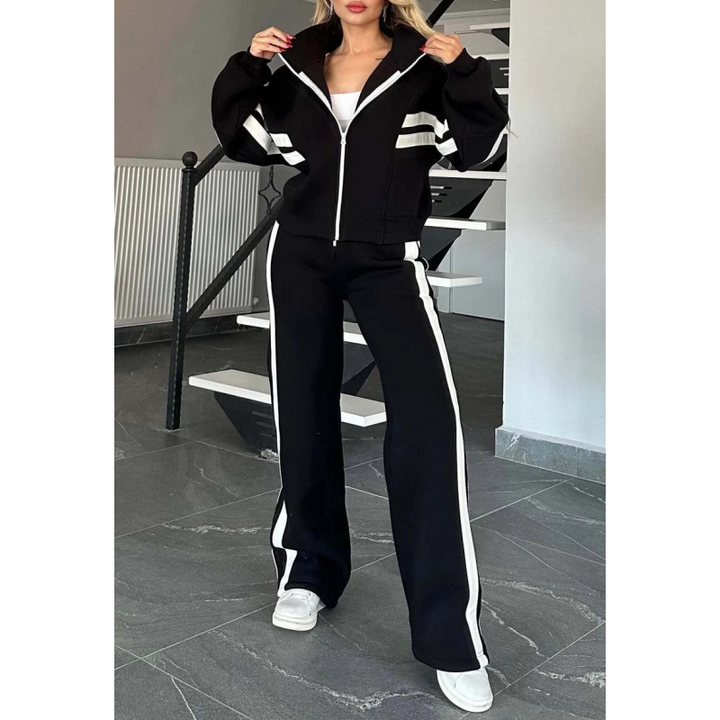 Women's leisure set with zip-up jacket and wide-leg pants with contrast stripes