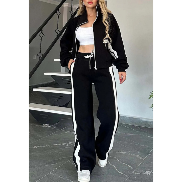 Women's leisure set with zip-up jacket and wide-leg pants with contrast stripes
