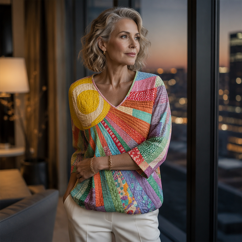 Women's Retro Patchwork Blouse with V-Neck