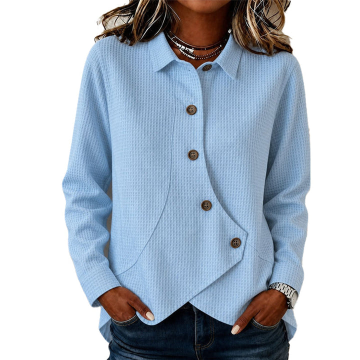 Women's Knit Top with Button Placket, Waffle Texture and Asymmetric Hem
