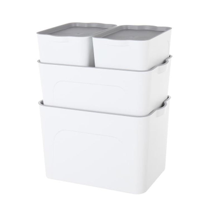 Stackable Plastic Storage Bin and Container with Lid Integrated Handles and Nestable Design