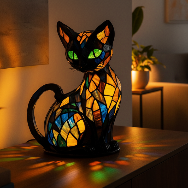 Stained Glass Cat Table Lamp and Night Light with Mosaic Design and Glowing Eyes