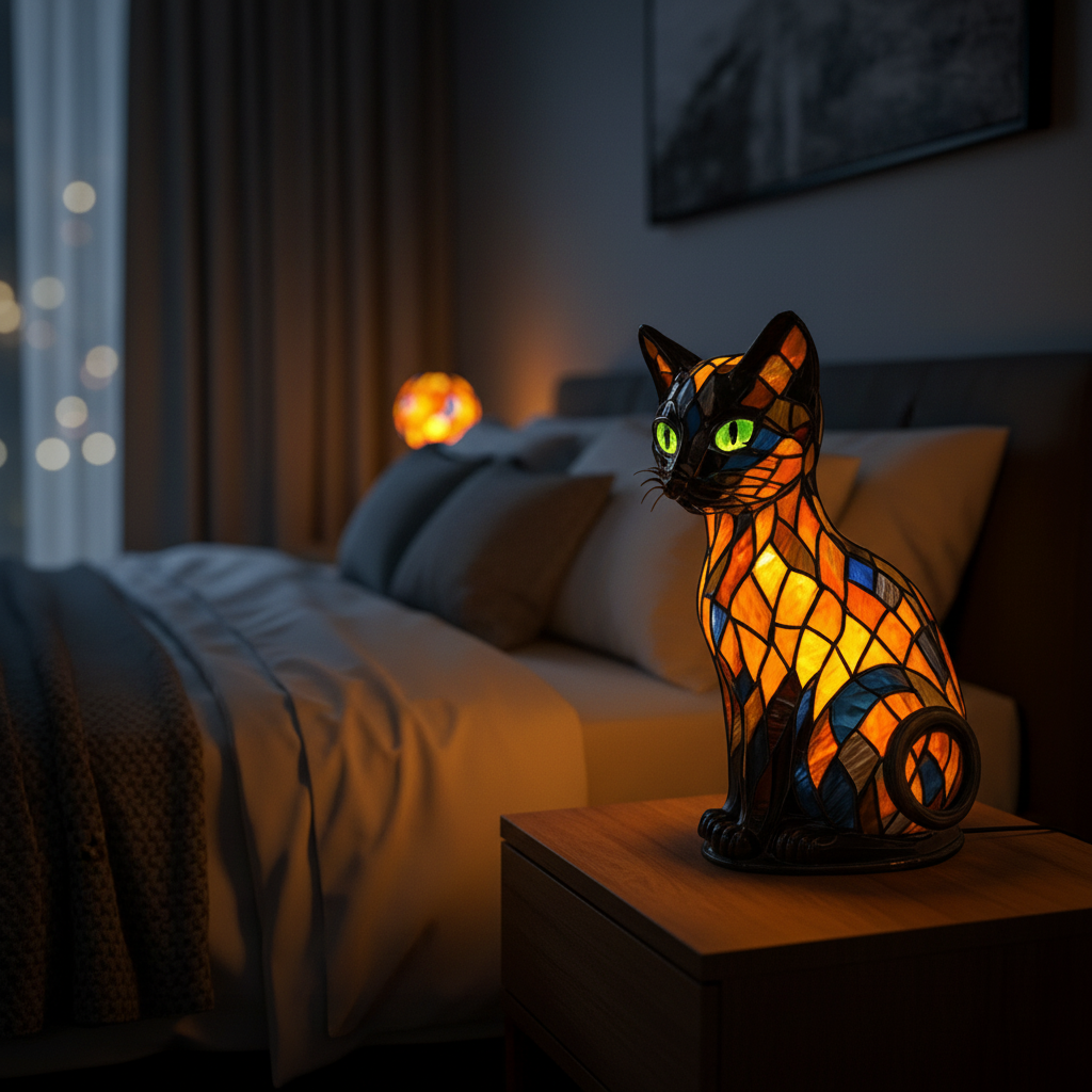 Stained Glass Cat Table Lamp and Night Light with Mosaic Design and Glowing Eyes