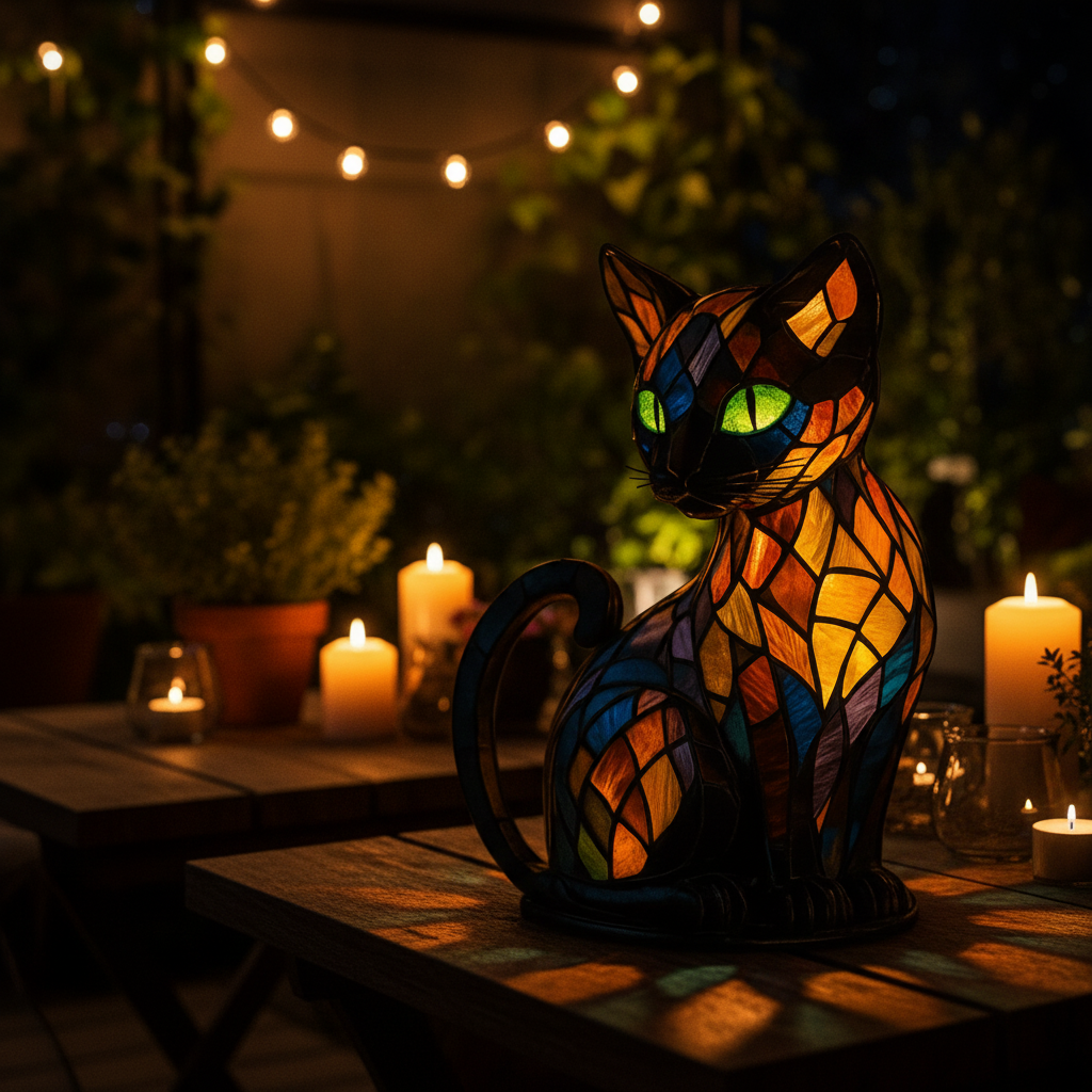 Stained Glass Cat Table Lamp and Night Light with Mosaic Design and Glowing Eyes