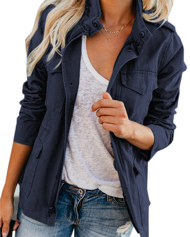 Stand Collar Utility Jacket with Pockets for Women