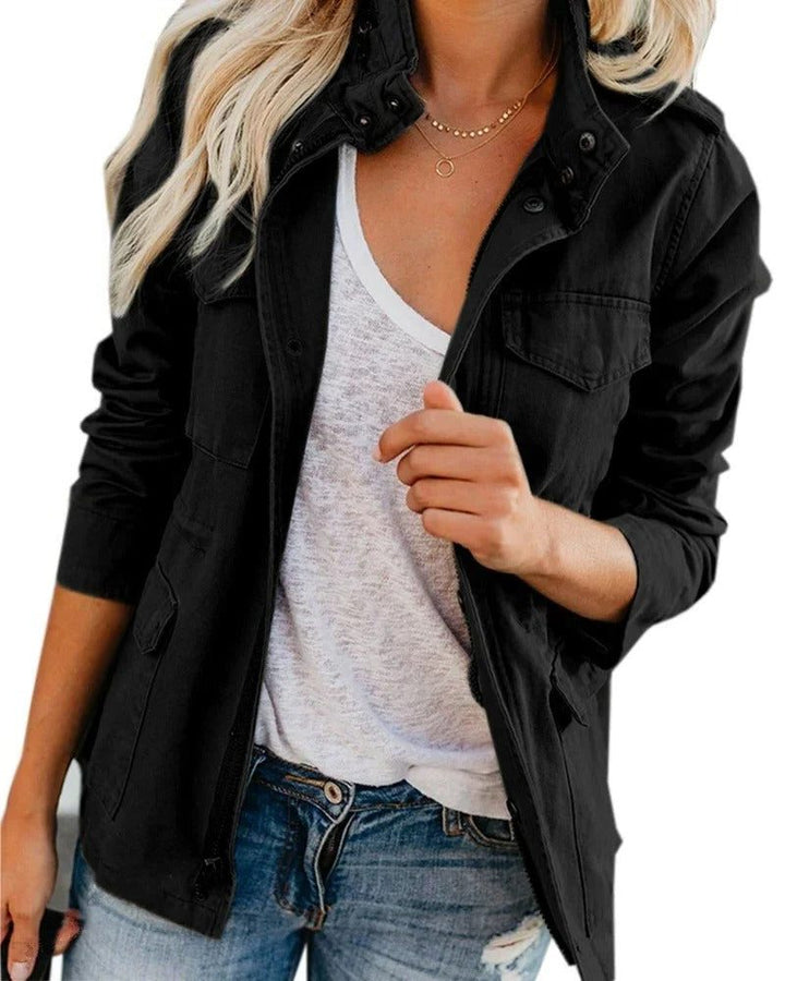 Stand Collar Utility Jacket with Pockets for Women
