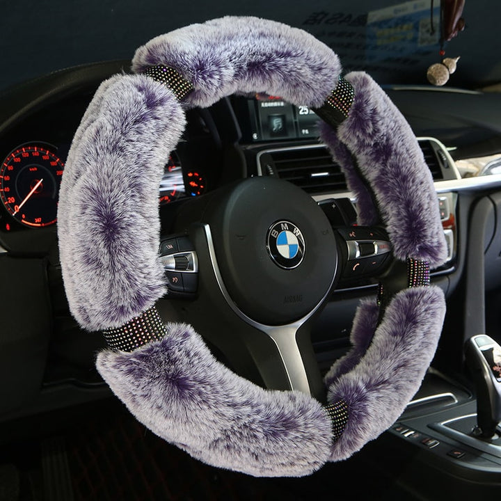 Steering Wheel Cover with Plush Faux Fur and Rhinestone Accents