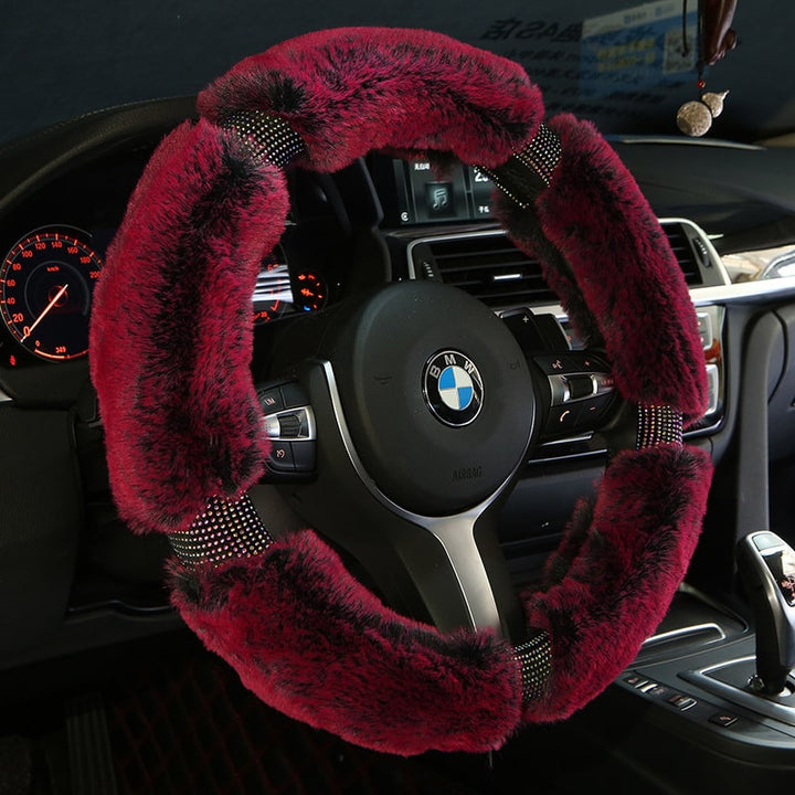 Steering Wheel Cover with Plush Faux Fur and Rhinestone Accents