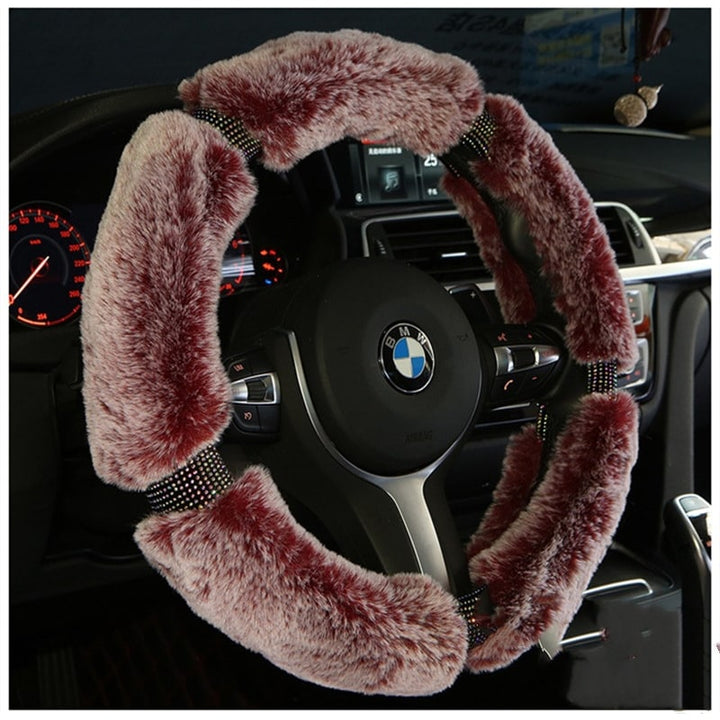 Steering Wheel Cover with Plush Faux Fur and Rhinestone Accents