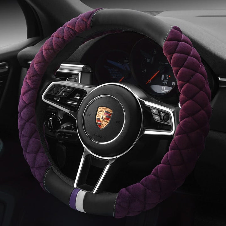 Steering Wheel Cover with Plush Quilted Diamond Pattern and Textured Grip for Car 38cm Round
