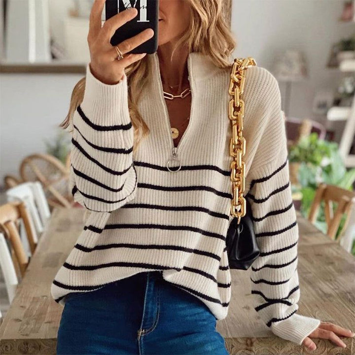 Striped Ribbed Half-Zip Sweater for Women