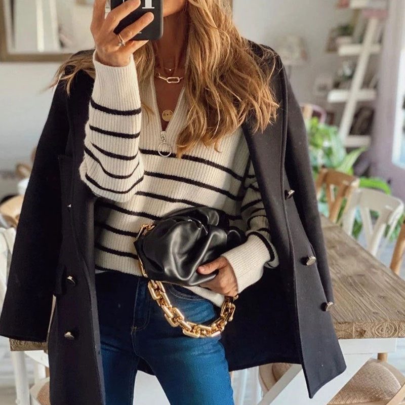 Striped Ribbed Half-Zip Sweater for Women