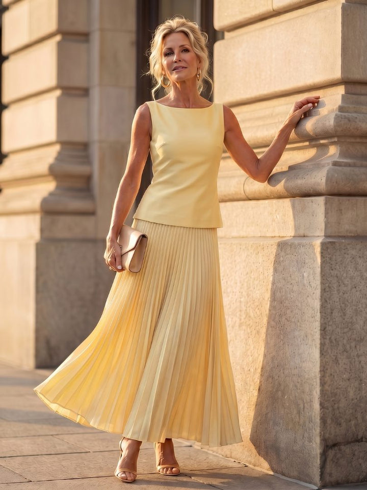 Pleated Midi Skirt Set with Structured Bodice for Women