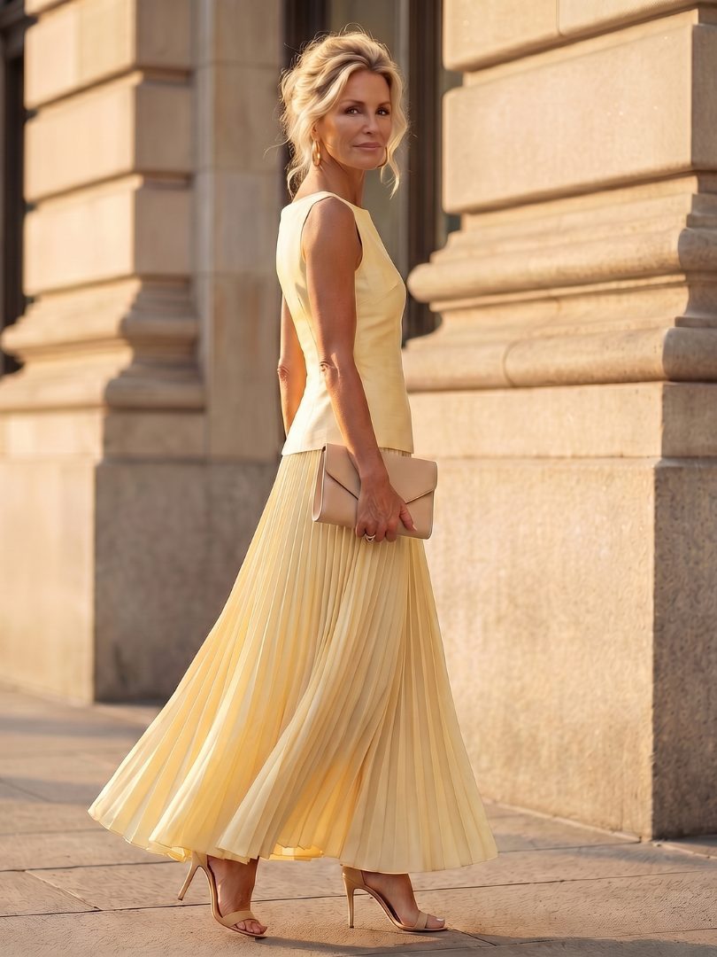 Pleated Midi Skirt Set with Structured Bodice for Women