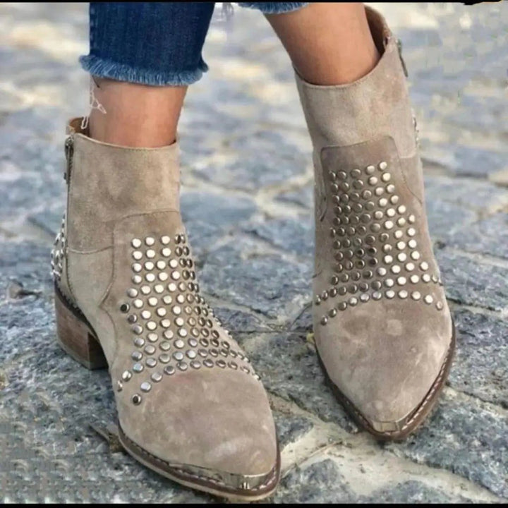 Suede Block Heel Ankle Boots with Studs for Women