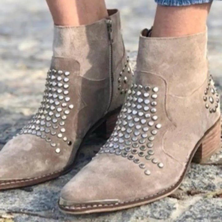 Suede Block Heel Ankle Boots with Studs for Women