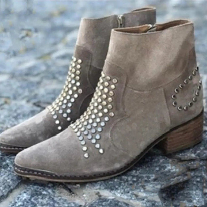 Suede Block Heel Ankle Boots with Studs for Women