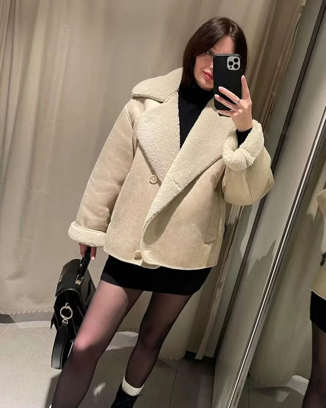 Suede Double-Breasted Jacket with Notch Lapel