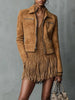 Suede Cropped Jacket with Lapel Collar and Long Sleeves for Women