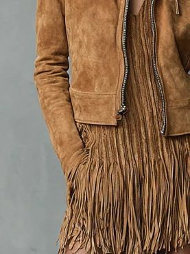 Suede Cropped Jacket with Lapel Collar and Long Sleeves for Women