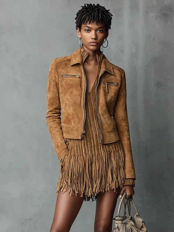 Suede Cropped Jacket with Lapel Collar and Long Sleeves for Women