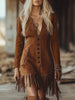 Suede Dress with V-Neck and Fringe for Women