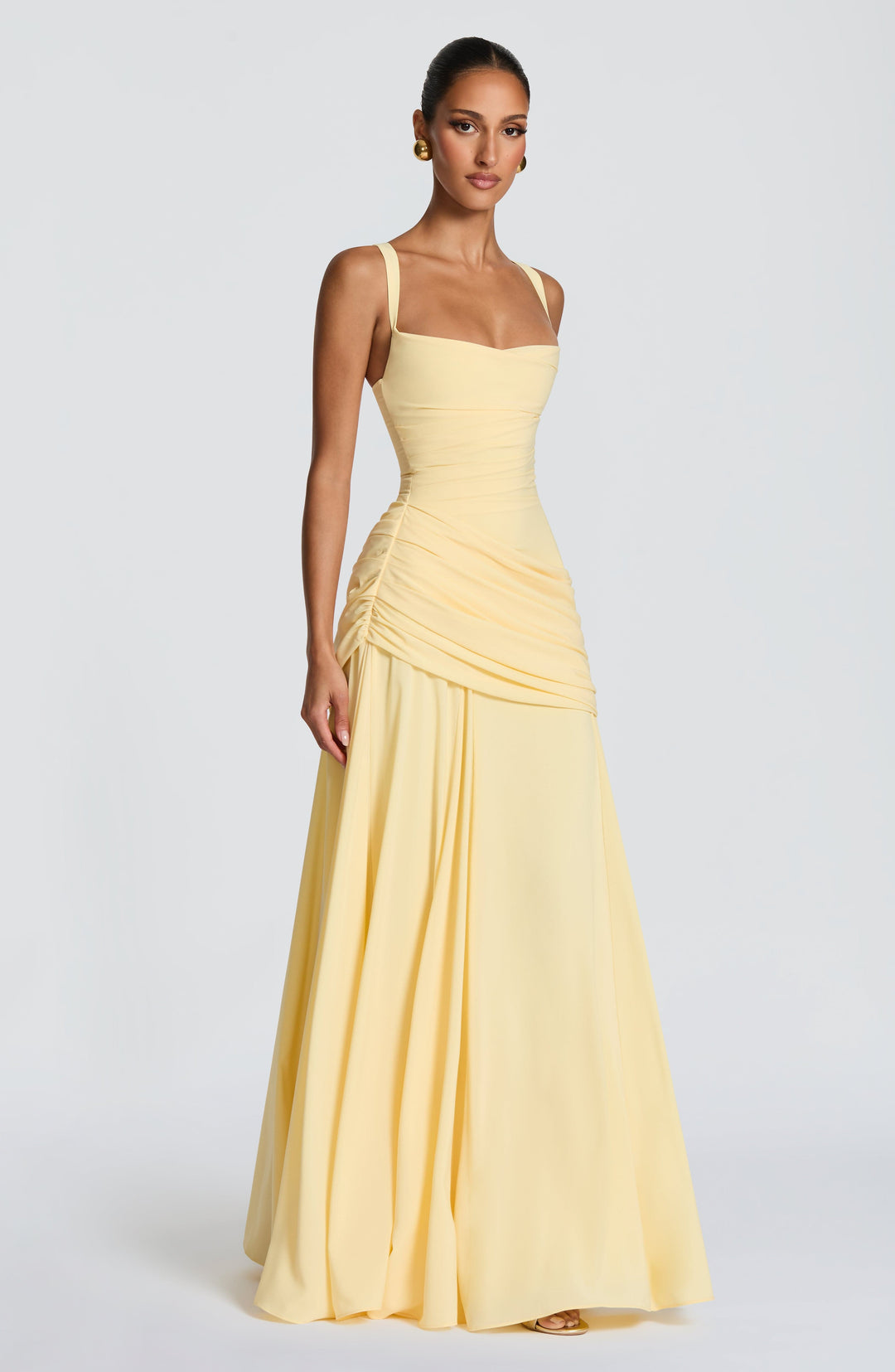Destiny Chiffon Maxi Dress with Waterfall Neckline and Lace-Up Back