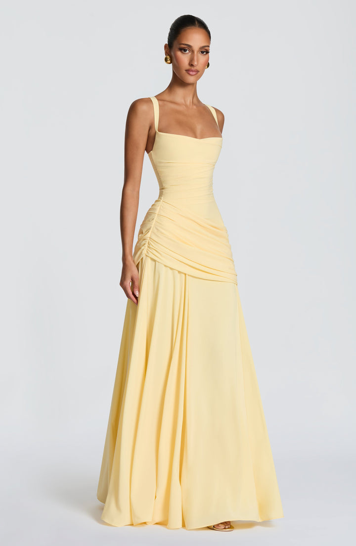 Destiny Chiffon Maxi Dress with Waterfall Neckline and Lace-Up Back