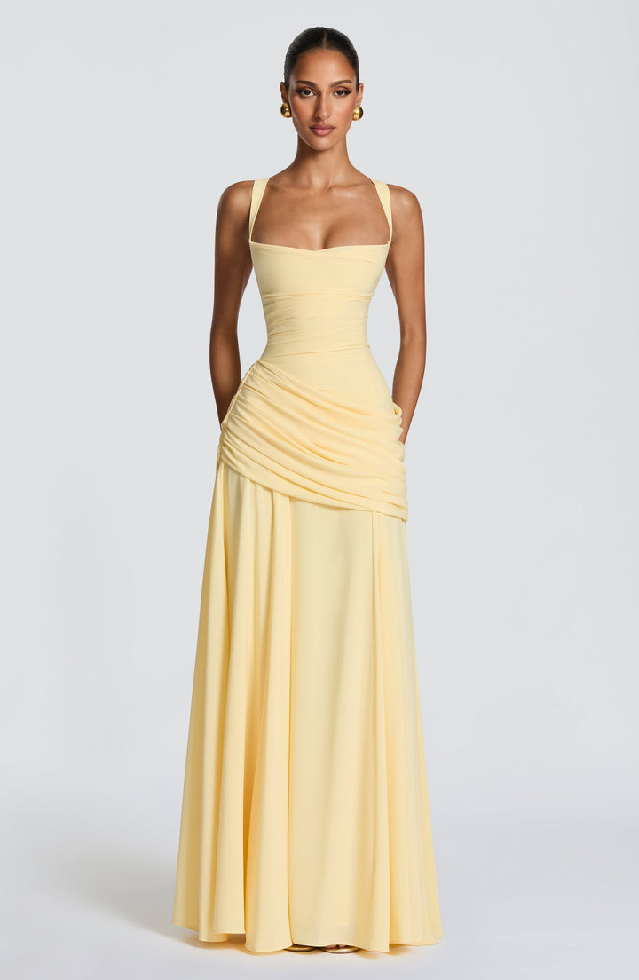 Destiny Chiffon Maxi Dress with Waterfall Neckline and Lace-Up Back