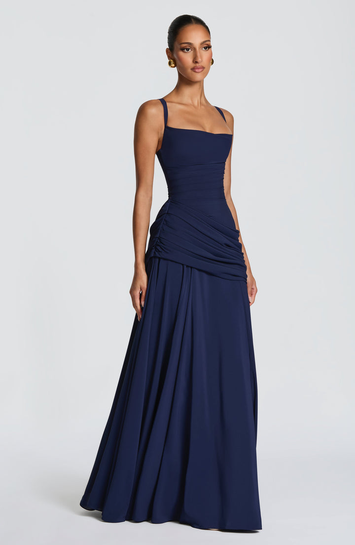 Destiny Chiffon Maxi Dress with Waterfall Neckline and Lace-Up Back
