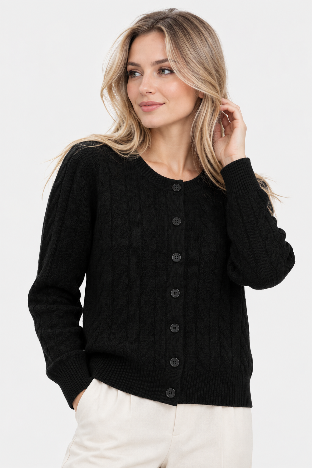 Textured Knit Cardigan with Button-Front for Women