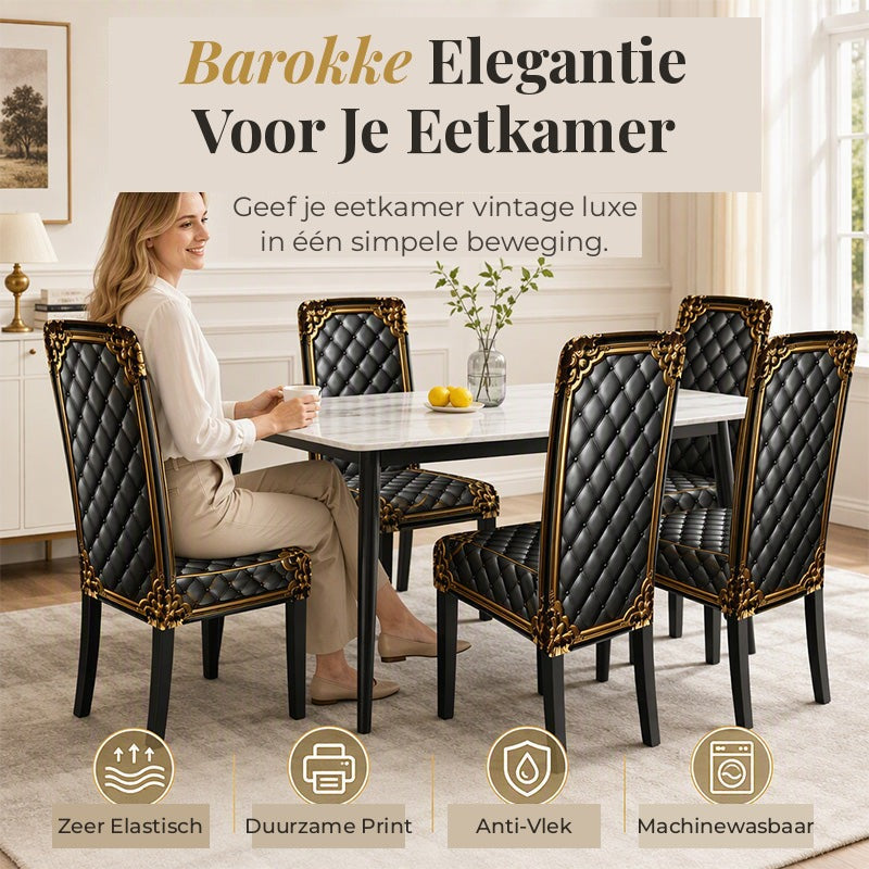 Baroque Stretch Chair Covers with Gold Detail Print - Washable Dining Chair Slipcovers