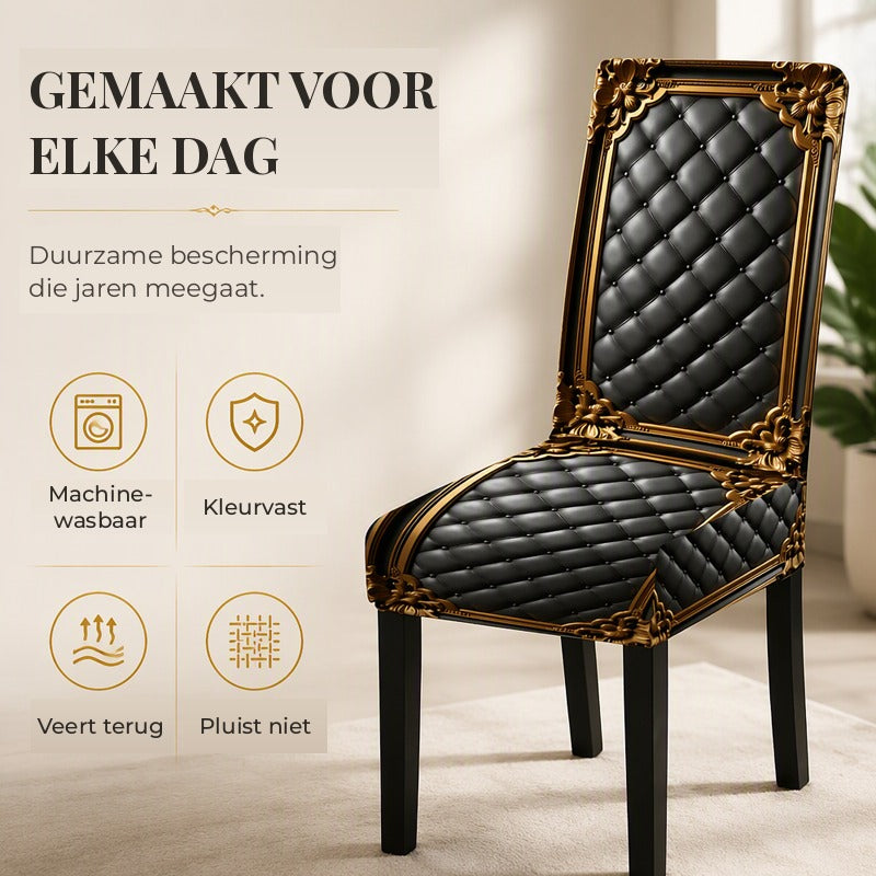Baroque Stretch Chair Covers with Gold Detail Print - Washable Dining Chair Slipcovers