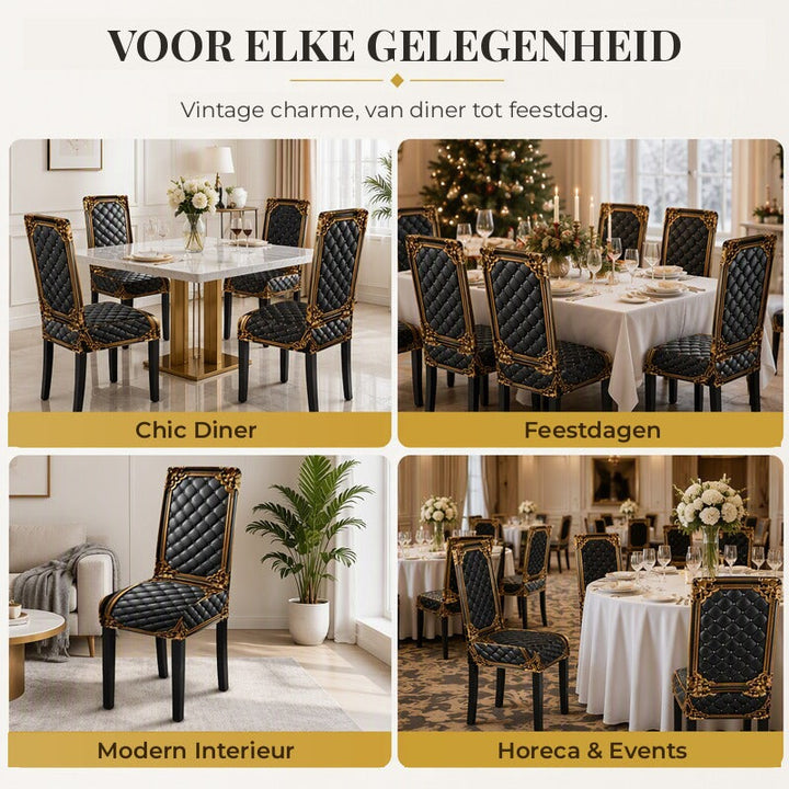 Baroque Stretch Chair Covers with Gold Detail Print - Washable Dining Chair Slipcovers