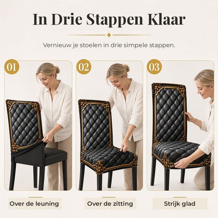 Baroque Stretch Chair Covers with Gold Detail Print - Washable Dining Chair Slipcovers